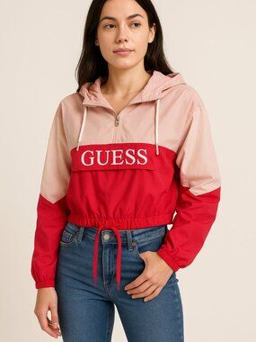 🔥 GUESS Colorblock Cropped Windbreaker Hoodie – Women’s Small – Pink & Red Retr
